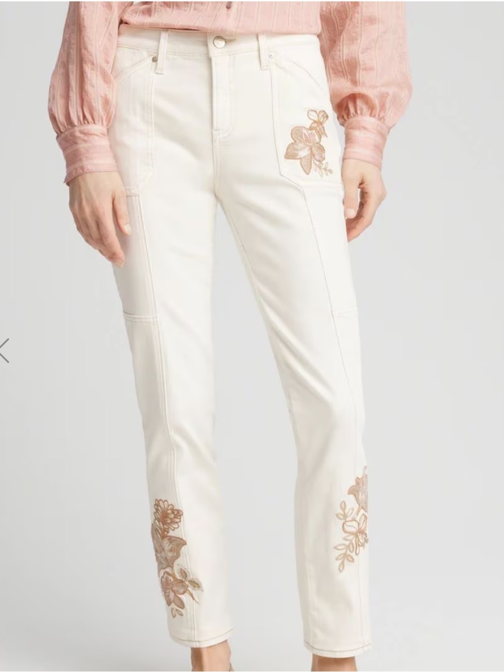 Chico's Girlfriend Ankle Utility jeans feature embroidered floral details Sz 16